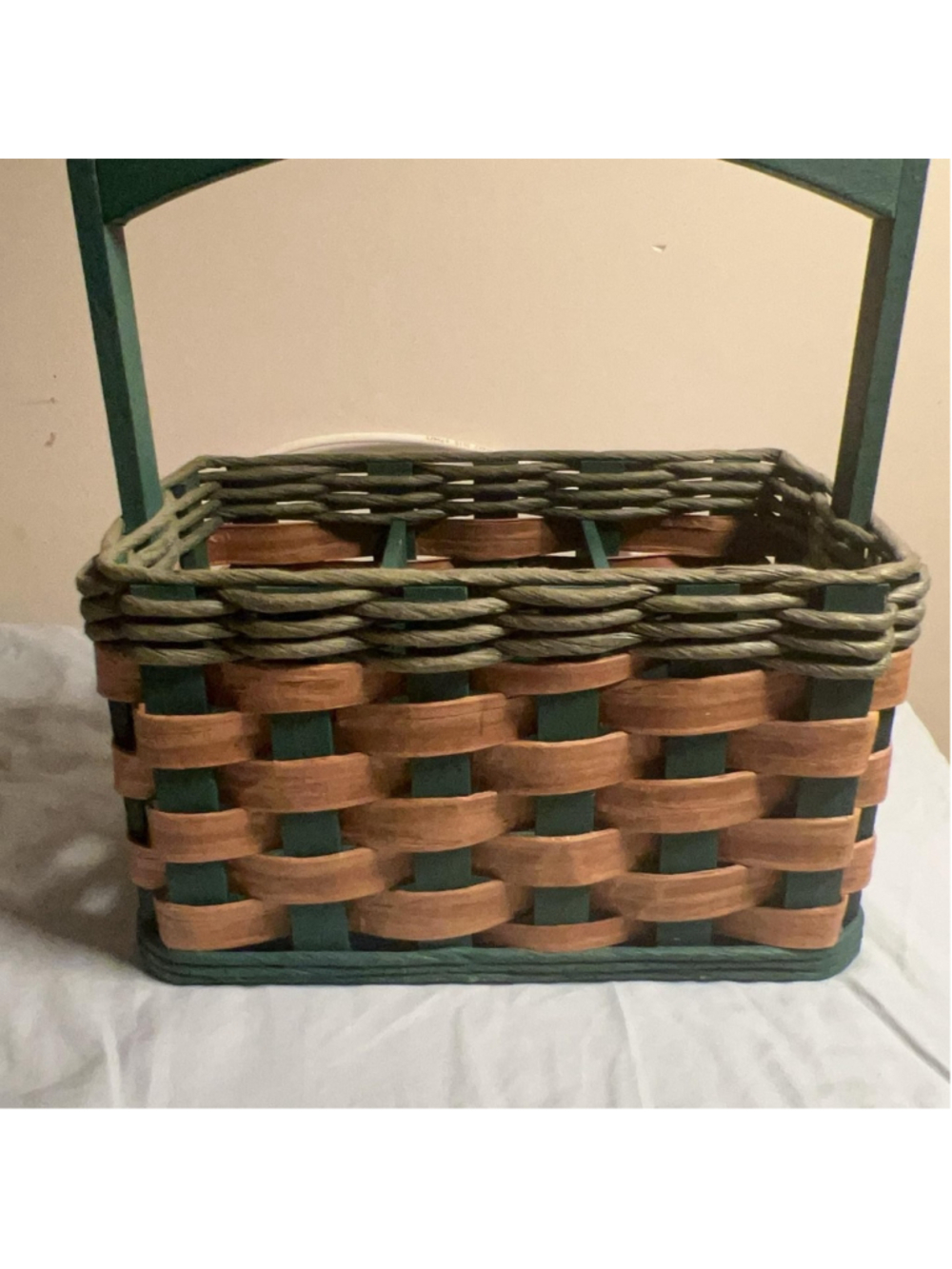 Wood Utensils Holder Basket Medium Brown Green Handle 11x7x12 In Rustic Caddy